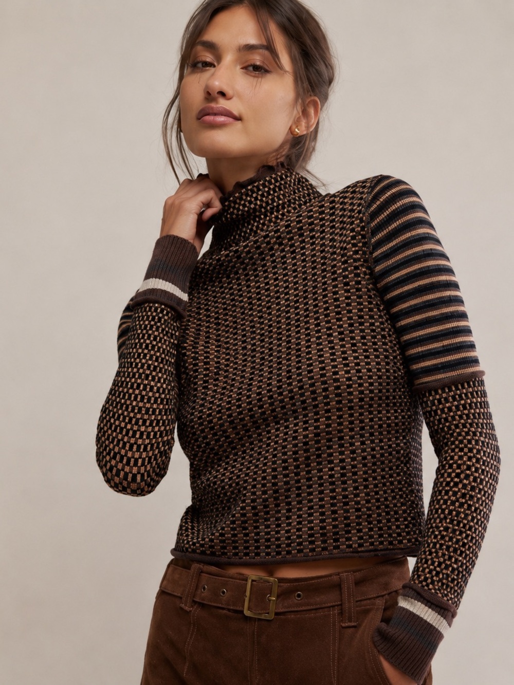 Free People We The Free Gamer Cuff Turtleneck Sweater Small Brown Cream Stripe
